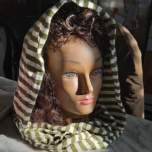 Chic Green & White Striped Hooded Scarf